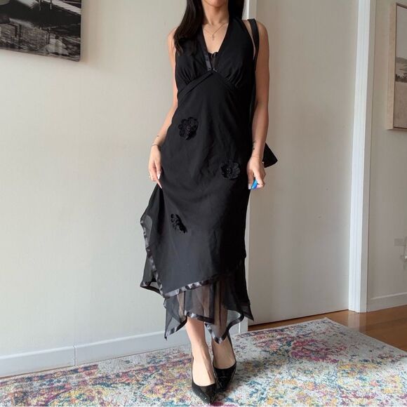 Frank Lyman Mesh Halter asymmetrical dress with flower trim - Picture 1 of 11